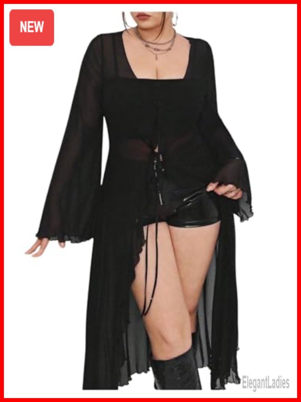 Plus Size Mesh Shirt High Low Asymmetrical Bell Sleeve Tunic